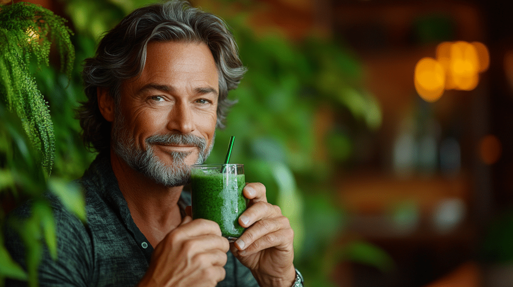 Mann mit grünen Saft, der Psychotherapie in Anspruch nimmt.