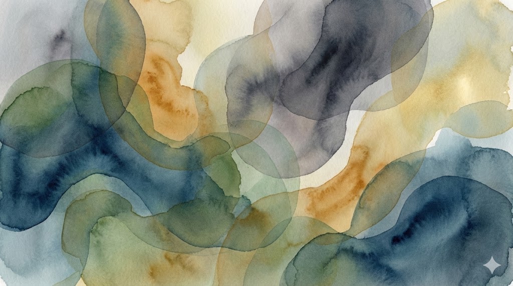 Abstraktes Aquarellbild mit ineinanderfließenden, weichen Farbflächen in Blau, Grün und Ocker als Sinnbild für die Dynamik von Kontaktfunktionen und das Erkennen von Beziehungsmustern.